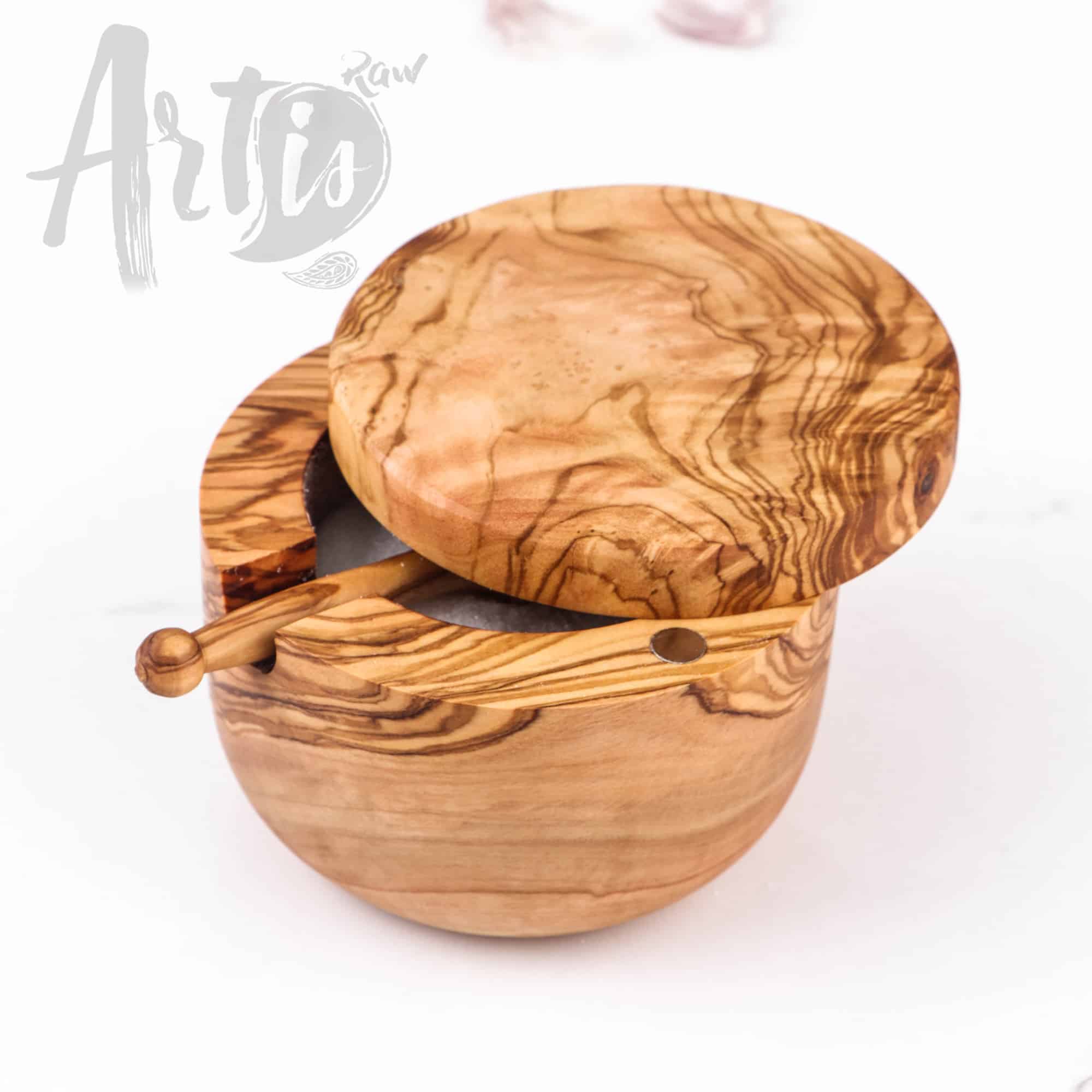 Olive Wood Salt Cellar with Pivoting Lid & Spoon